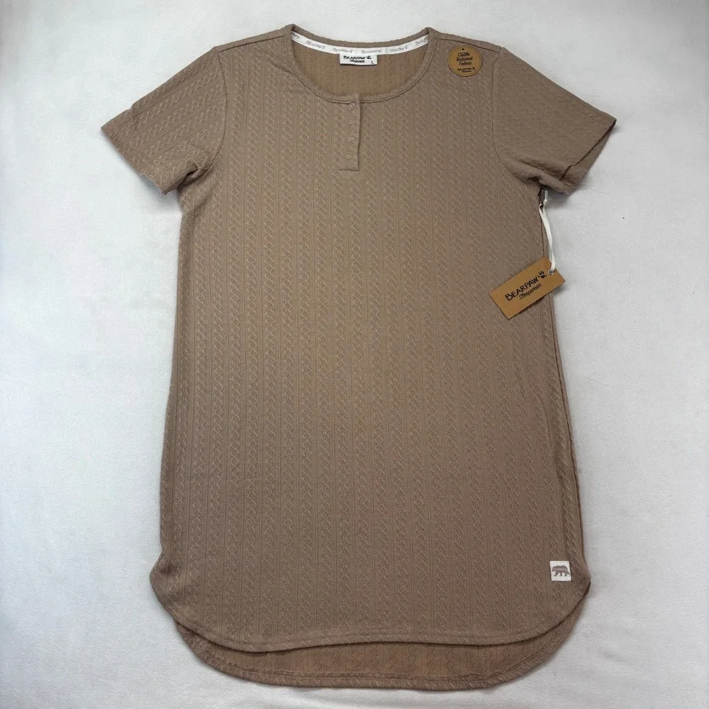 Bearpaw Nightgown Women Large Tan Cable Textured‎ Henley Sleep Shirt Pajamas New